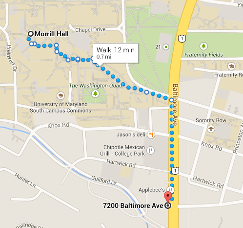 Walking route from Quality Inn to Morrill Hall
